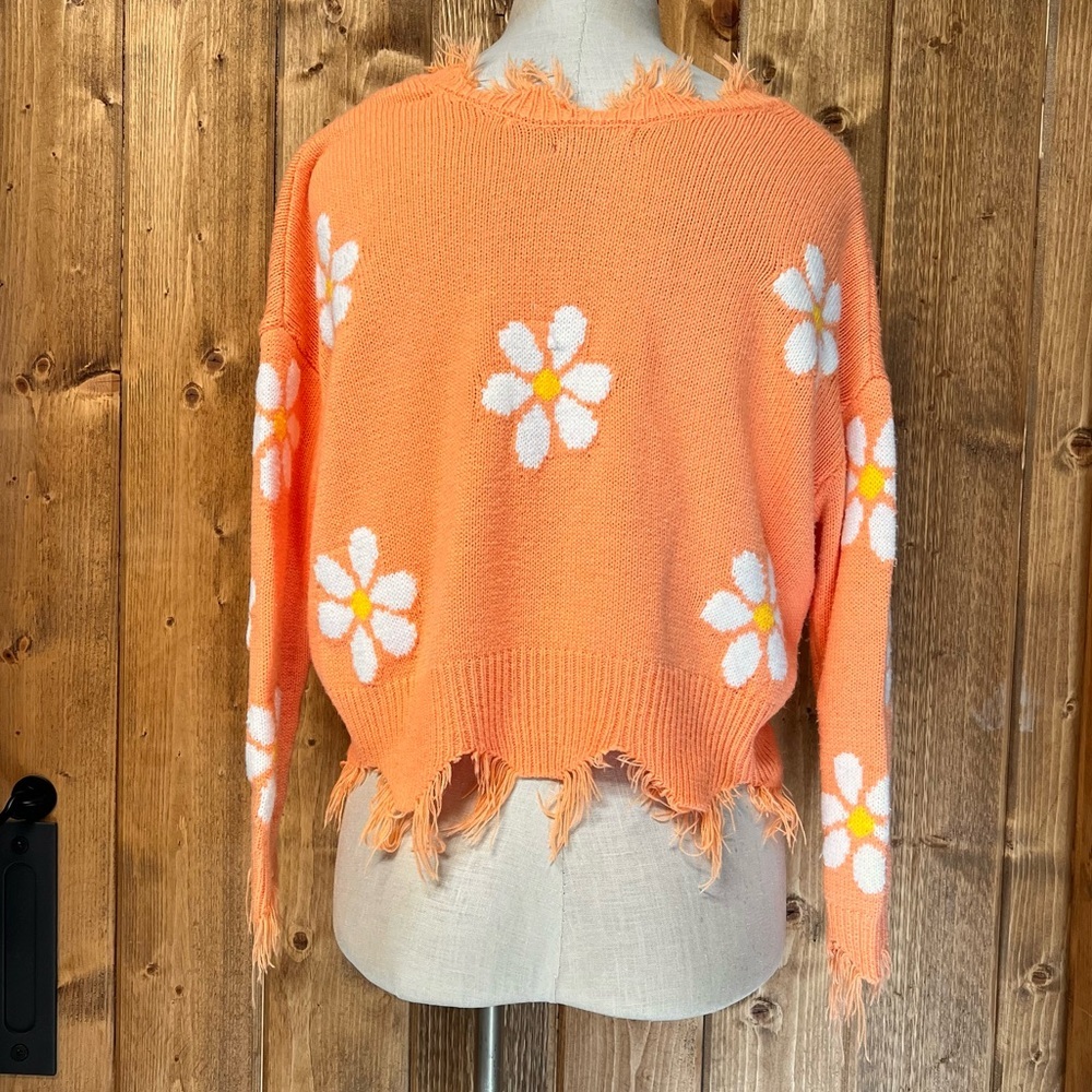 Just Polly Vibrant Orange Daisy Flower Cropped Sweater w/ Fringe - Picture 4 of 6